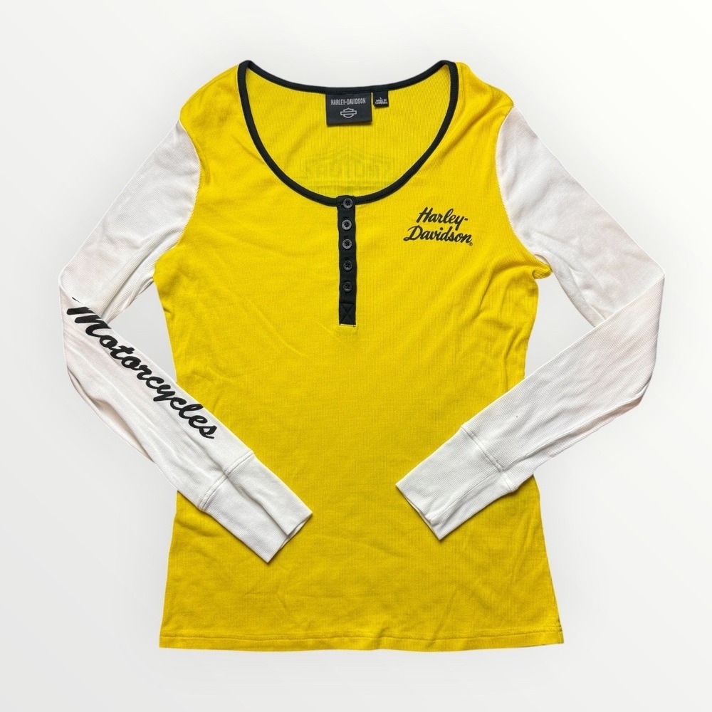 Harley-Davidson Womens Henley Long Sleeve Shirt Yellow White Ribbed Logo Large